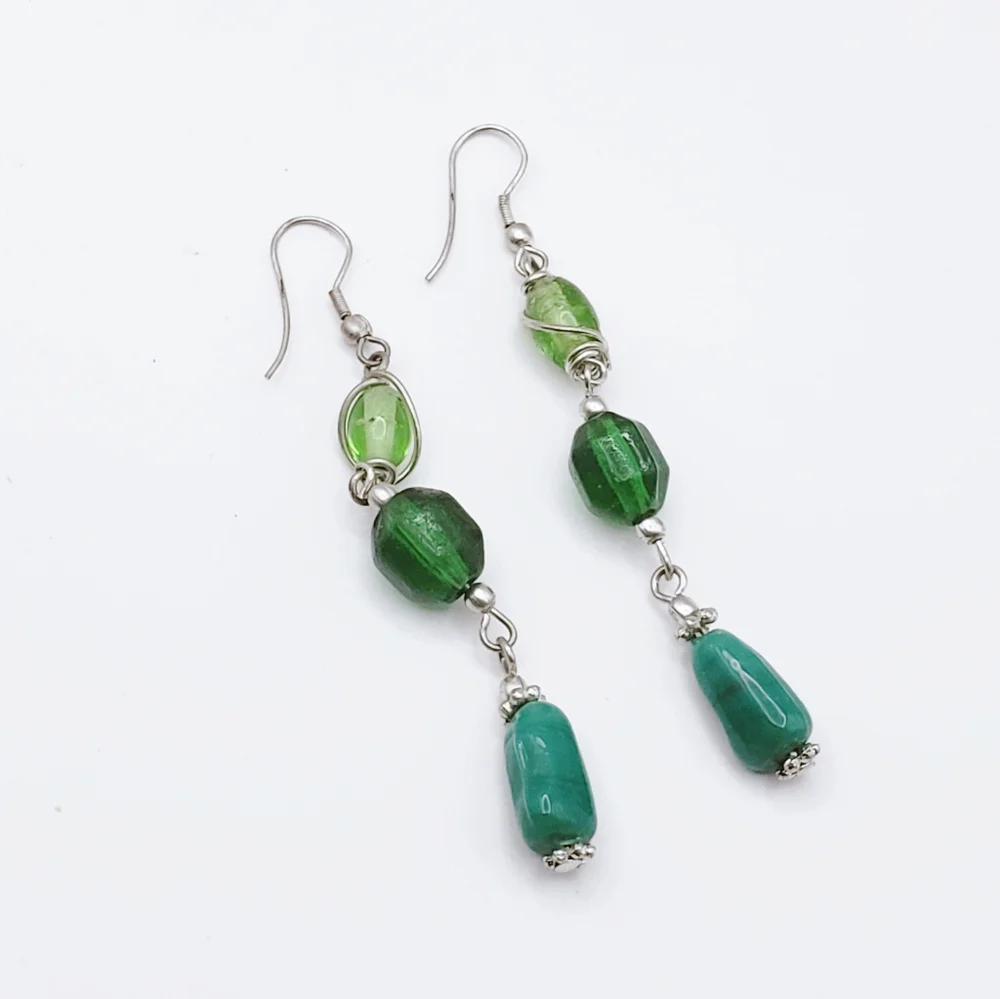 Bracelet and Dangly Earrings Set Turquoise and Green Silver Tone - Picture 3 of 6